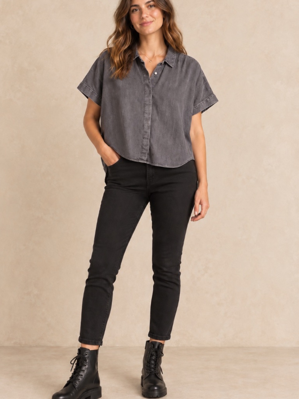 Madewell Washed Black Boxy Short Sleeve Button-Front Shirt | S